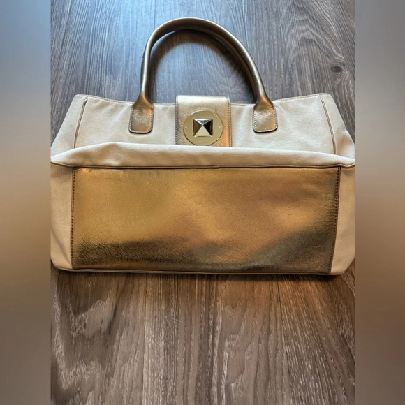 Kate Spade Vintage White Canvas Metallic Gold Straps Tote Bag - Picture 4 of 9